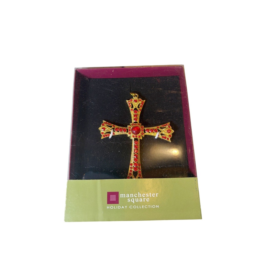 Manchester Square Holiday Collection Jeweled Cross Ornament Red Gold Boxed